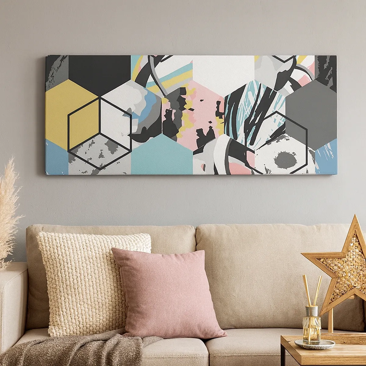 Tablou pe pânză - Hexagoane și cuburi în șase culori - 30x30 cm