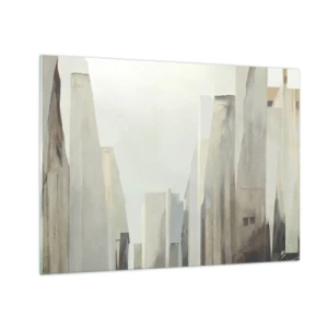 Tablou pe sticlă - O viziune abstractă a clădirilor urbane într-o paletă discretă - 70x50cm - Vis urban - Decorațiune modernă pentru perete pentru living și dormitor ARTTOR