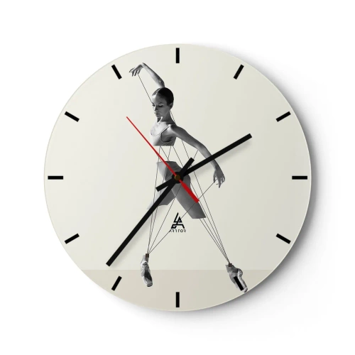Ceas de perete - Ceas pe sticlă - O balerină alb-negru stilizată ca o marionetă pe un fundal deschis. - 30x30cm - Într-un teatru de lumină - Decorațiune modernă pentru perete pentru living, bucătărie și dormitor ARTTOR