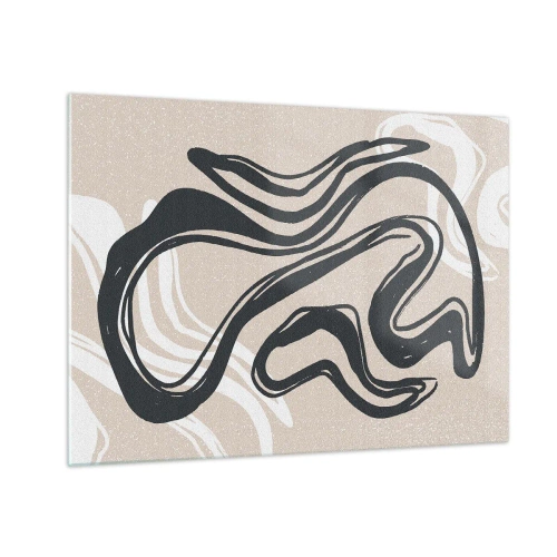 Tablou pe sticlă - Linie neagră expresivă pe un fundal bej într-un stil abstract. - 70x50cm - Expresie multiplicată - Decorațiune modernă pentru perete pentru living și dormitor ARTTOR