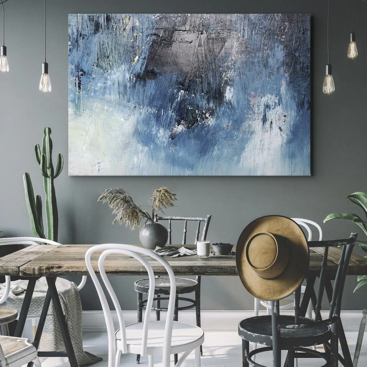 Tablou pe pânză Canvas - Tușe abstracte de pensulă în nuanțe de albastru - 70x50cm - Rapsodie albastră - Decorațiune modernă pentru perete pentru living și dormitor ARTTOR
