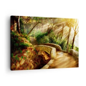 Tablou pe pânză Canvas - Peisaj forestier cu raze de soare și un pod de piatră - 70x50cm - Direct de pe pod în pădurea de basm - Decorațiune modernă pentru perete pentru living și dormitor ARTTOR