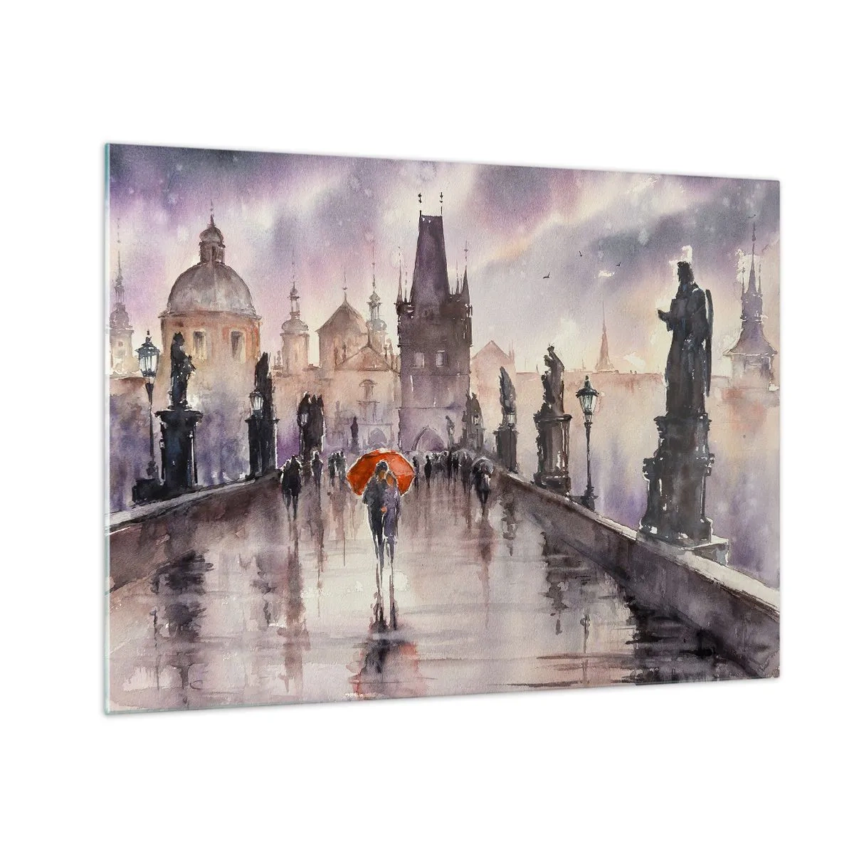 Tablou pe sticlă - Mergând prin ploaie pe un pod cu o umbrelă portocalie - 70x50cm - Oamenii nu se schimbă - Decorațiune modernă pentru perete pentru living și dormitor ARTTOR