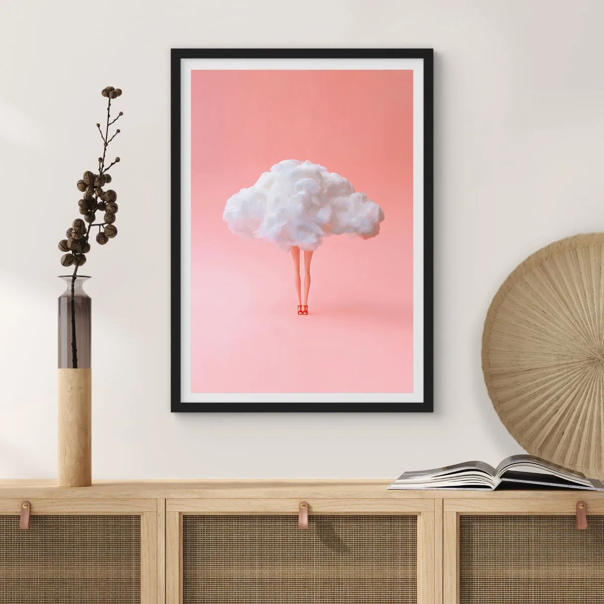 Poster în ramă neagră - Un nor elegant cu picioare pe un fundal roz - 50x70cm - Dulce promisiune - Decorațiune modernă pentru perete pentru living și dormitor ARTTOR
