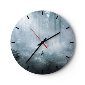 Ceas de perete - Ceas pe sticlă - O căprioară stând în ceață în mijlocul unei păduri înalte - 30x30cm - Plimbarea de dimineață prin regat - Decorațiune modernă pentru perete pentru living, bucătărie și dormitor ARTTOR