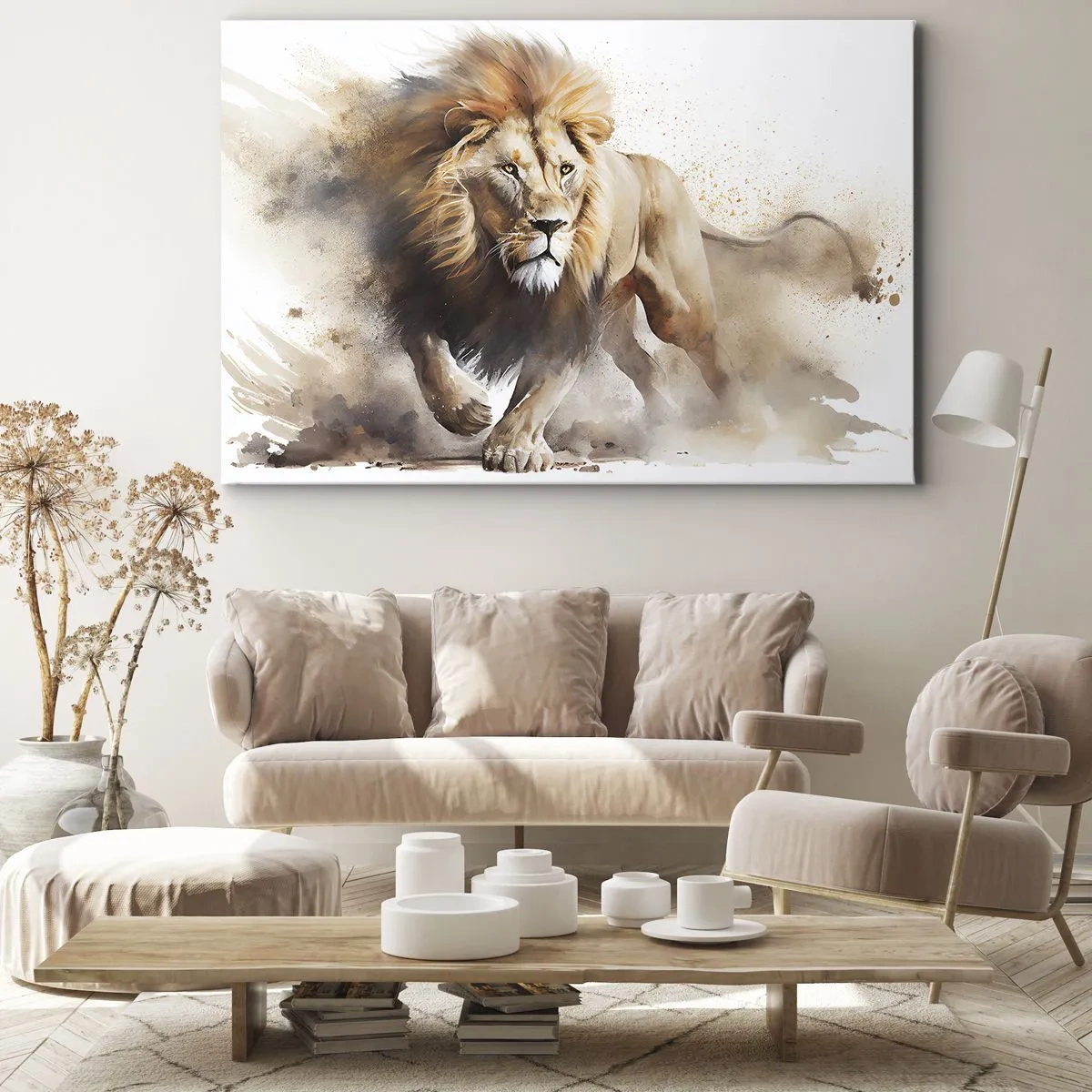 Tablou pe pânză Canvas - Un portret dinamic al unui leu în culori naturale. - 70x50cm - Regele se mișcă  - Decorațiune modernă pentru perete pentru living și dormitor ARTTOR
