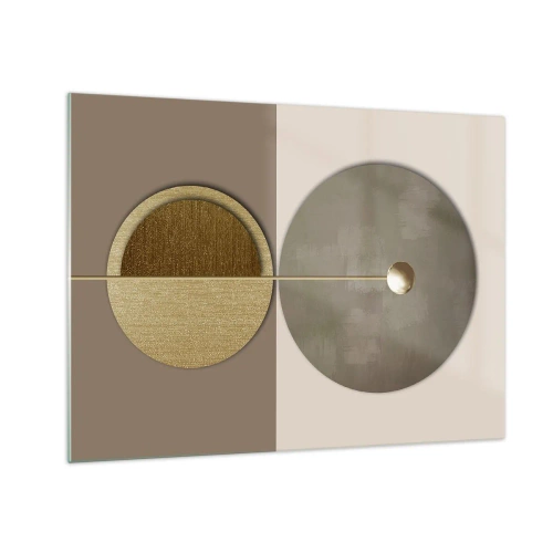 Tablou pe sticlă - Cercuri și linii aurii într-o compoziție armonioasă - 70x50cm - Echilibru perfect - Decorațiune modernă pentru perete pentru living și dormitor ARTTOR