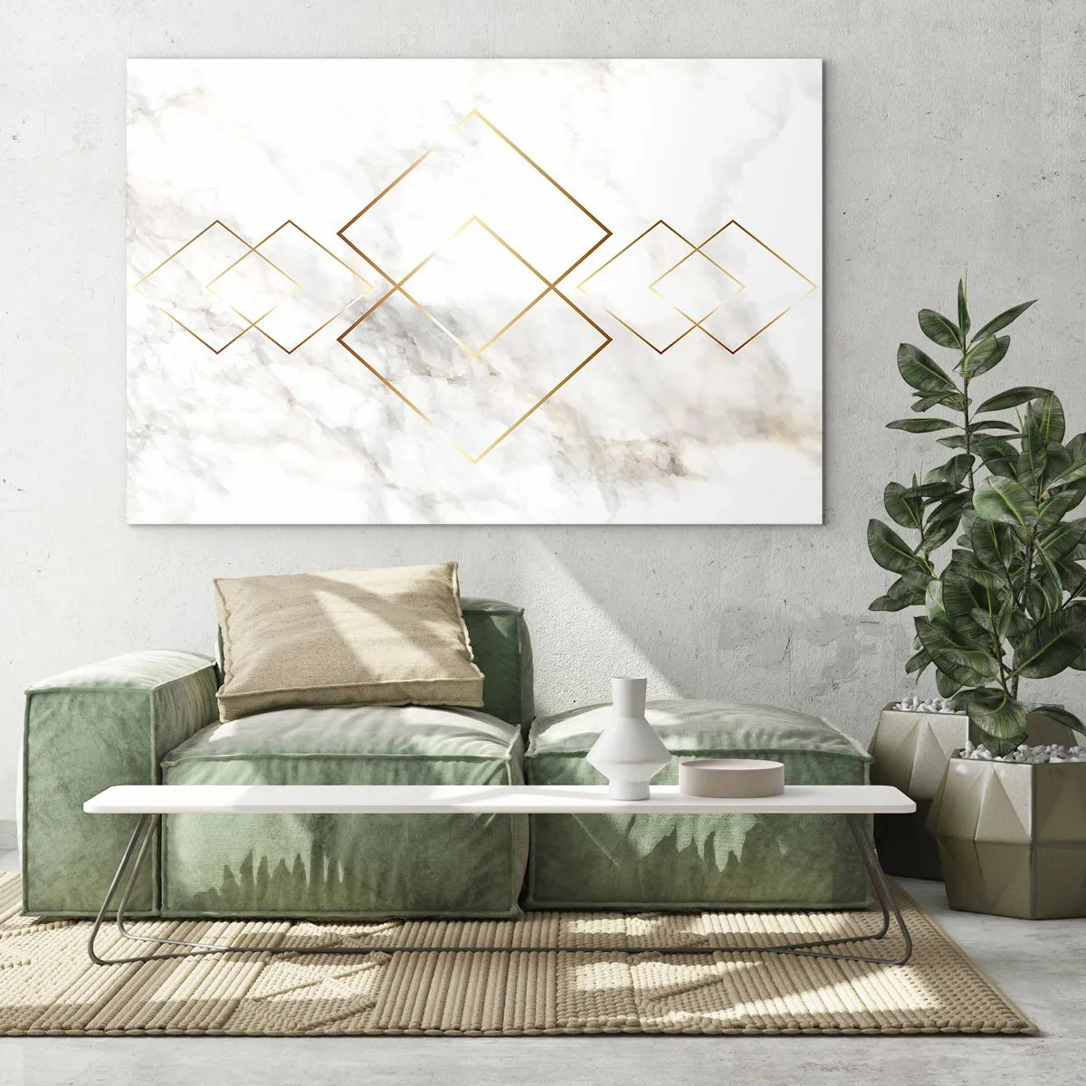 Tablou pe sticlă - Romburi aurii geometrice pe un fundal de marmură albă - 70x50cm - Vedere spre infinit - Decorațiune modernă pentru perete pentru living și dormitor ARTTOR