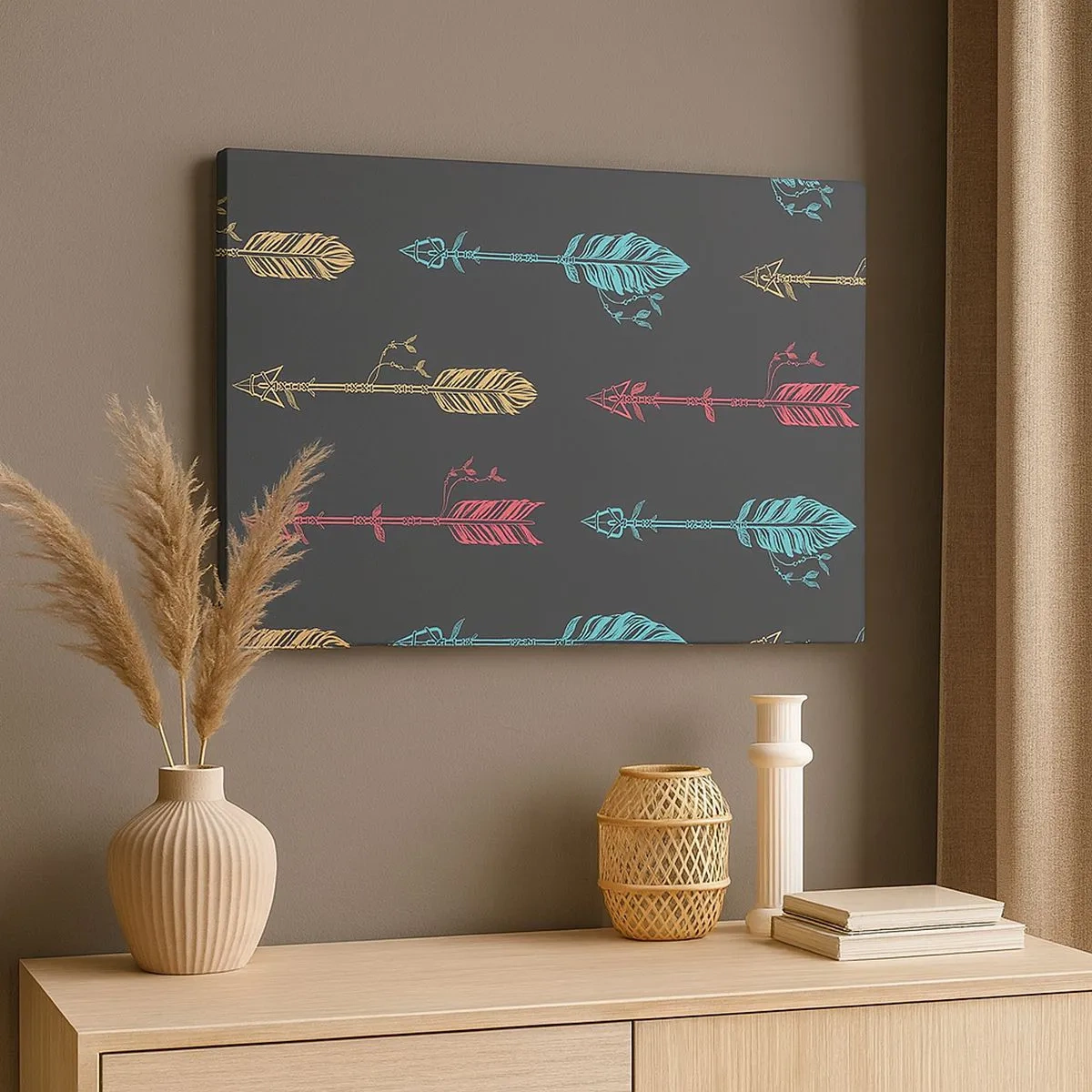 Tablou pe pânză Canvas - Model de săgeată stilizat în culori pastelate pe un fundal închis - 70x50cm - În ordine - Decorațiune modernă pentru perete pentru living și dormitor ARTTOR