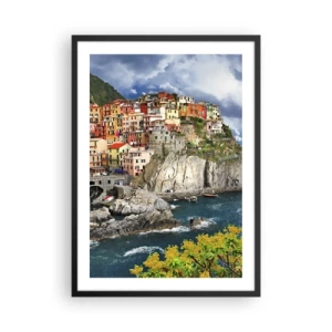 Poster în ramă neagră - Case colorate pe stânci lângă mare, într-un oraș pitoresc - 50x70cm - Îmbrățișați de stânci - Decorațiune modernă pentru perete pentru living și dormitor ARTTOR