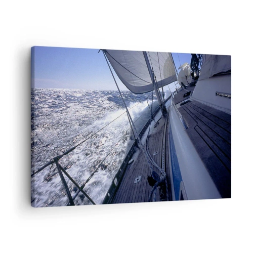 Tablou pe pânză Canvas - O barcă cu pânze într-o mare furtunoasă, cu vele albe și o punte de lemn. - 70x50cm - Știu ce înseamnă să fii o pasăre - Decorațiune modernă pentru perete pentru living și dormitor ARTTOR