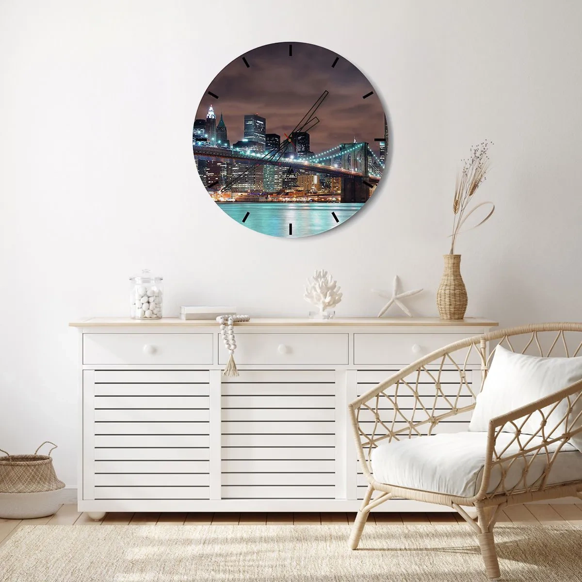 Ceas de perete - Ceas pe sticlă - Podul Brooklyn și orizontul New York-ului noaptea - 30x30cm - Luminile marelui oraș - Decorațiune modernă pentru perete pentru living, bucătărie și dormitor ARTTOR