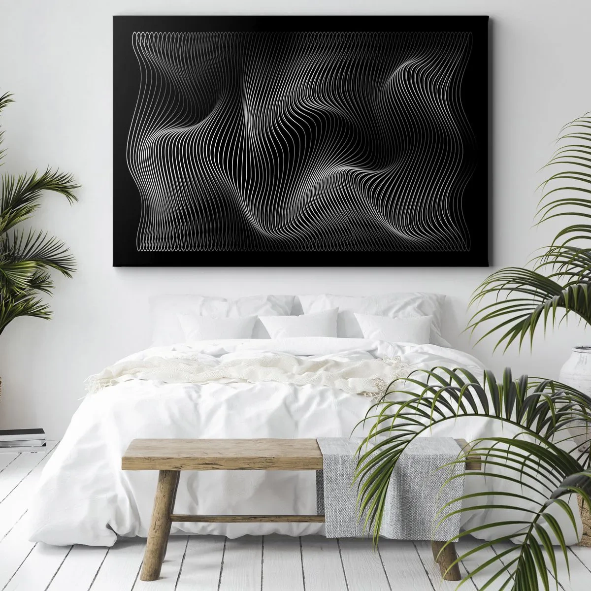 Tablou pe pânză Canvas - Linii albe abstracte pe fundal negru - 70x50cm - Dansul luminii în spațiu - Decorațiune modernă pentru perete pentru living și dormitor ARTTOR