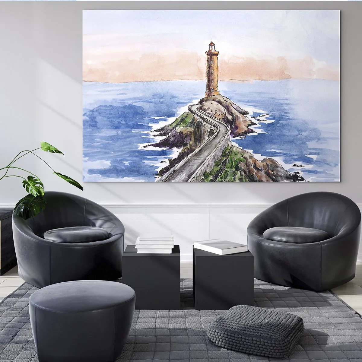Tablou pe sticlă - Un far pe un promontoriu stâncos înconjurat de o mare calmă - 70x50cm - Cu fața la mare - Decorațiune modernă pentru perete pentru living și dormitor ARTTOR