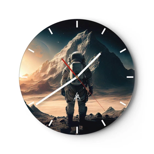 Ceas de perete - Ceas pe sticlă - Un astronaut privind un peisaj spațial cu un munte - 30x30cm - O nouă provocare - Decorațiune modernă pentru perete pentru living, bucătărie și dormitor ARTTOR