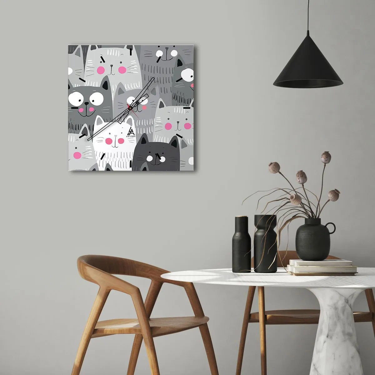 Ceas de perete - Ceas pe sticlă - Lumea felină - 30x30 cm