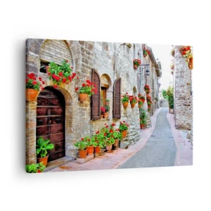Tablou pe pânză Canvas - O stradă îngustă cu clădiri din piatră decorate cu ghivece de flori - 70x50cm - Oraș italian de vis - Decorațiune modernă pentru perete pentru living și dormitor ARTTOR