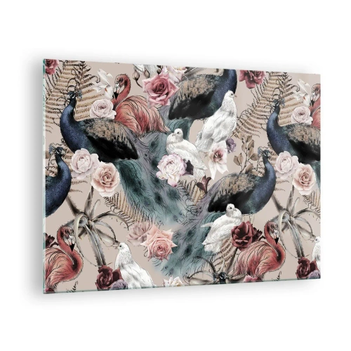 Tablou pe sticlă - Păuni și flamingo înconjurați de trandafiri și ferigi - 70x50cm - În grădina palatului - Decorațiune modernă pentru perete pentru living și dormitor ARTTOR