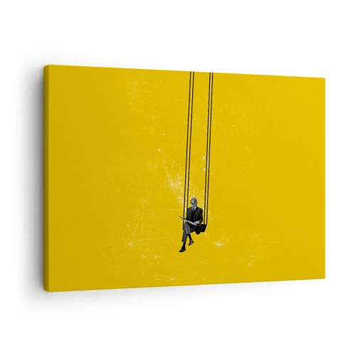 Tablou pe pânză Canvas - O persoană pe un leagăn pe un fundal galben intens - 70x50cm - O zi ca oricare alta - Decorațiune modernă pentru perete pentru living și dormitor ARTTOR