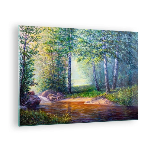 Tablou pe sticlă - Un pârâu de pădure înconjurat de copaci în razele soarelui - 70x50cm - Cadru idilic - Decorațiune modernă pentru perete pentru living și dormitor ARTTOR