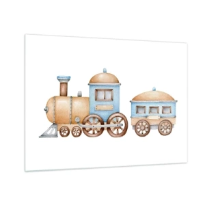 Tablou pe sticlă - Ilustrație a unui tren cu aburi în nuanțe de albastru și bej pe fundal alb - 70x50cm - Trenulețul din copilărie - Decorațiune modernă pentru perete pentru living și dormitor ARTTOR