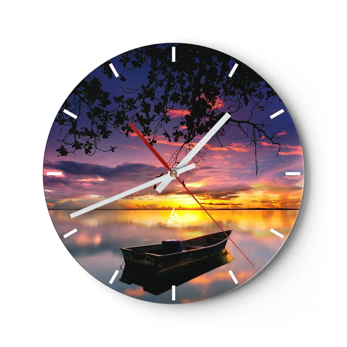 Ceas de perete - Ceas pe sticlă - O barcă pe un lac în lumina soarelui care apune - 30x30cm - "Pari să plutești în mijlocul cerului...” - Decorațiune modernă pentru perete pentru living, bucătărie și dormitor ARTTOR