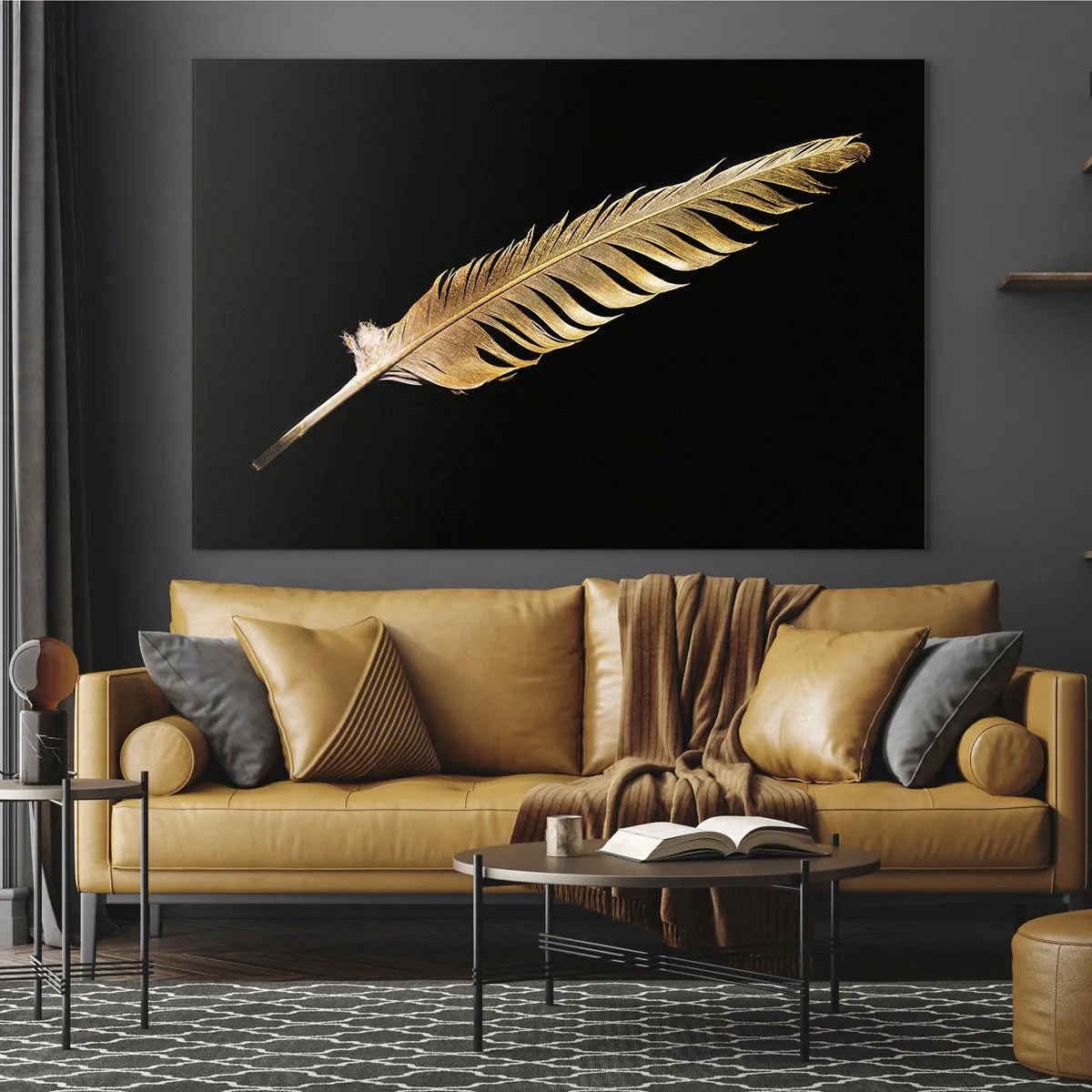 Tablou pe sticlă - O pană de aur pe fundal negru într-un stil minimalist - 70x50cm - Pană aurie perfectă - Decorațiune modernă pentru perete pentru living și dormitor ARTTOR
