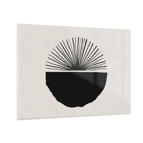 Tablou pe sticlă - O formă geometrică neagră cu un evantai de linii pe un fundal crem. - 70x50cm - Gama de posibilități - Decorațiune modernă pentru perete pentru living și dormitor ARTTOR