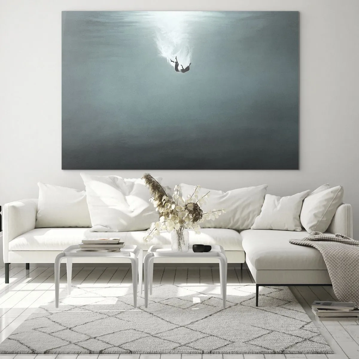 Tablou pe sticlă - Silueta unui bărbat cufundat în adâncurile albastre ale oceanului - 70x50cm - În îmbrățișarea oceanului - Decorațiune modernă pentru perete pentru living și dormitor ARTTOR