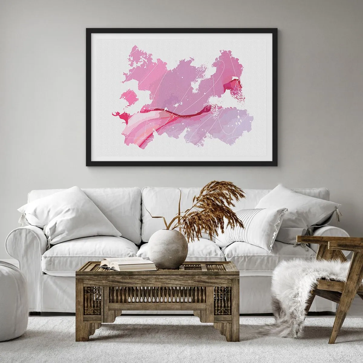 Poster în ramă neagră - Harta unei lumi roz - 70x50 cm