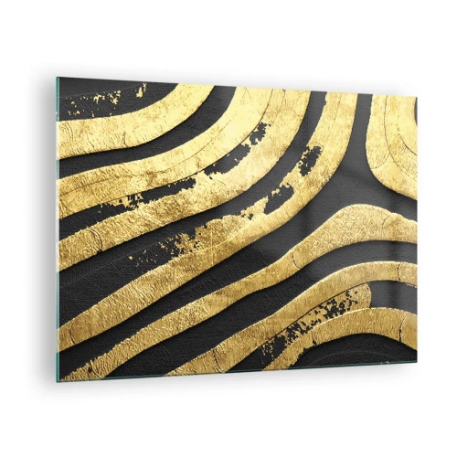 Tablou pe sticlă - Linii abstracte aurii pe fundal negru într-un stil glamour - 70x50cm - Totul curge - Decorațiune modernă pentru perete pentru living și dormitor ARTTOR