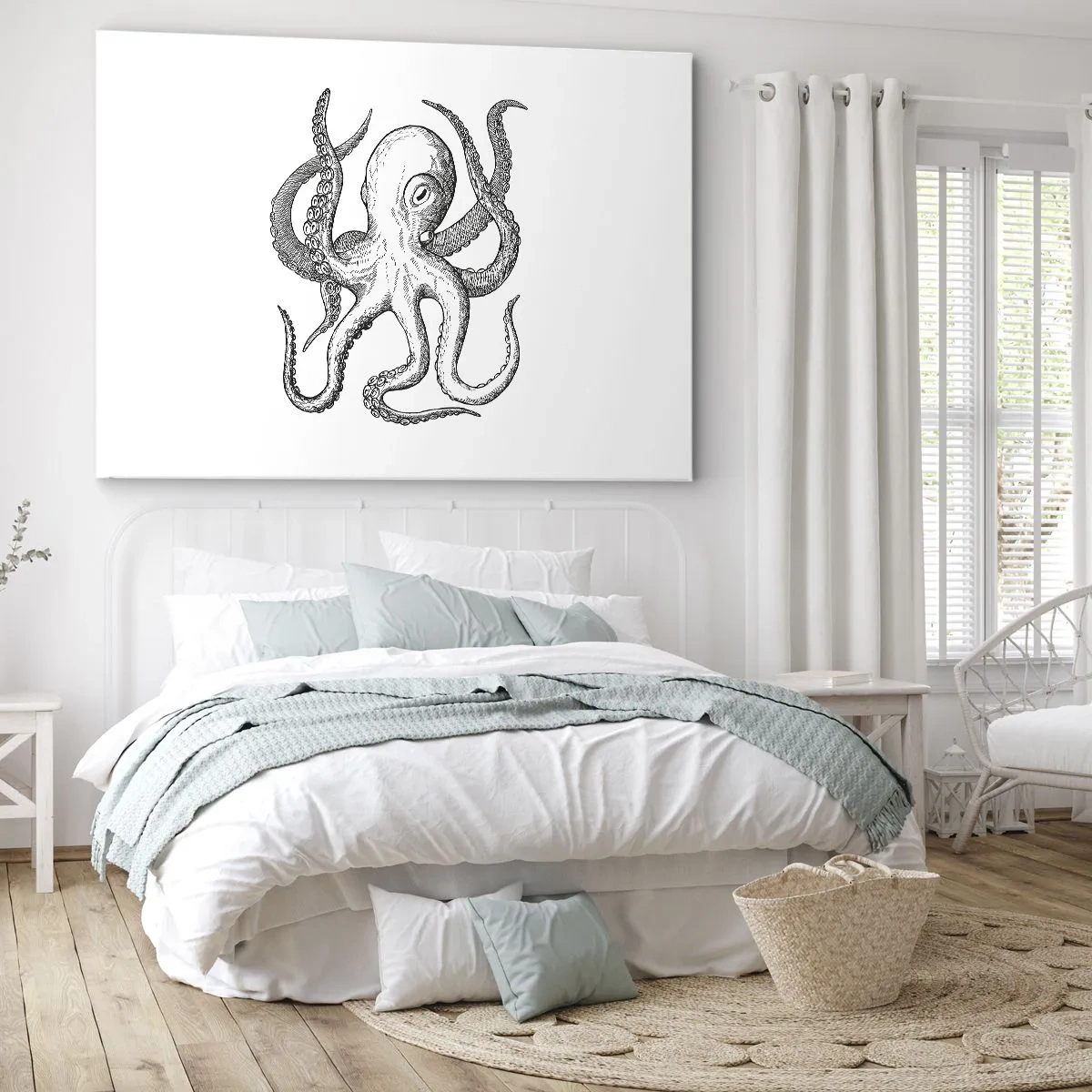Tablou pe pânză Canvas - Desen alb-negru al unei caracatițe pe fundal alb, în stil vintage - 70x50cm - Dansând cu valurile - Decorațiune modernă pentru perete pentru living și dormitor ARTTOR