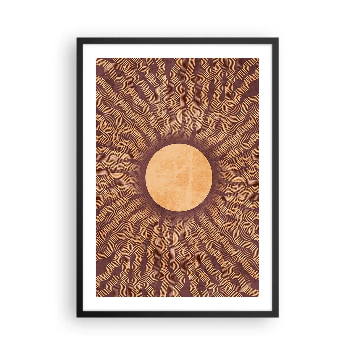 Poster în ramă neagră - Soare stilizat cu raze în nuanțe de auriu și maro - 50x70cm - Icoana soarelui - Decorațiune modernă pentru perete pentru living și dormitor ARTTOR