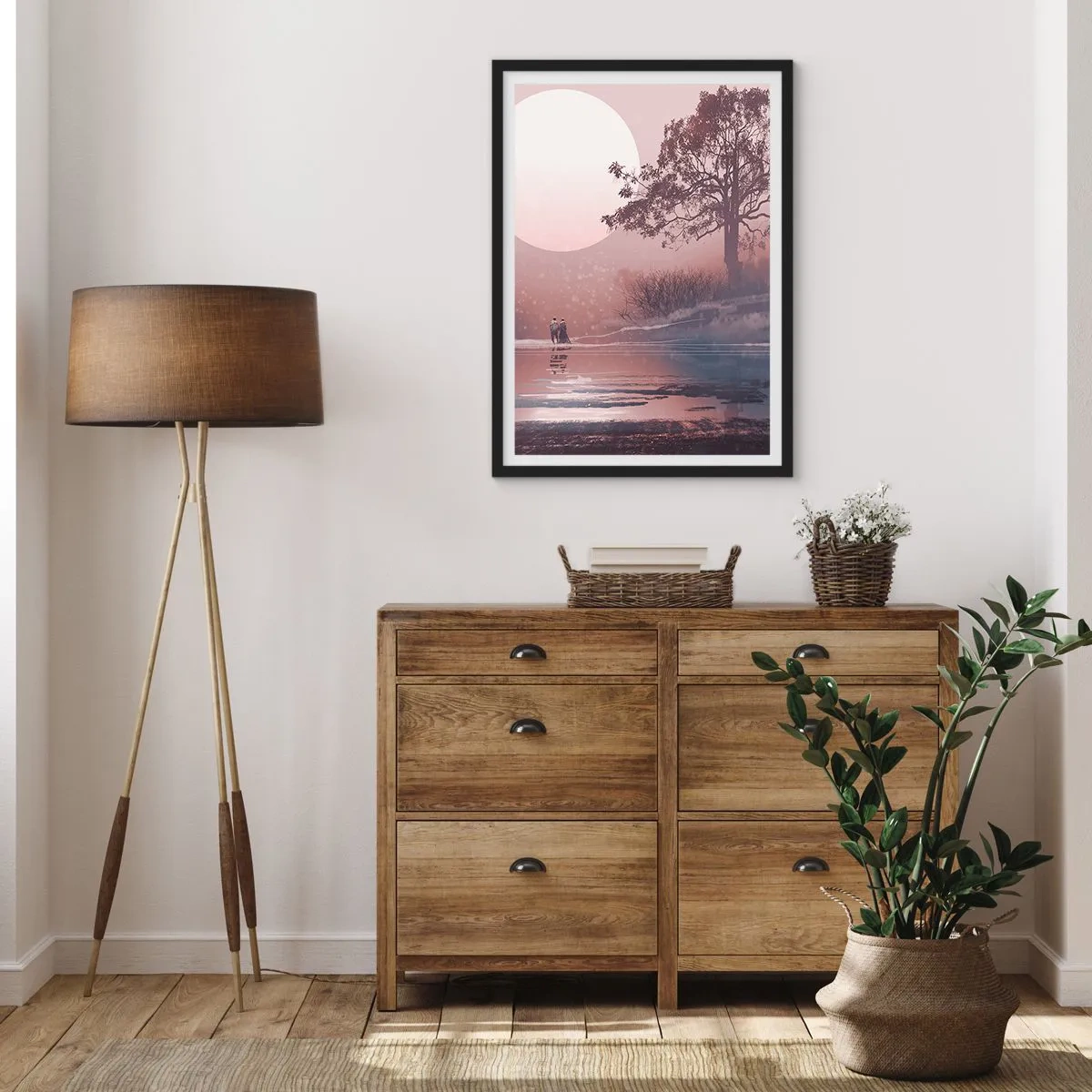 Poster în ramă neagră - Peisaj romantic cu lună și un copac lângă apă - 50x70cm - Minuni nocturne - Decorațiune modernă pentru perete pentru living și dormitor ARTTOR
