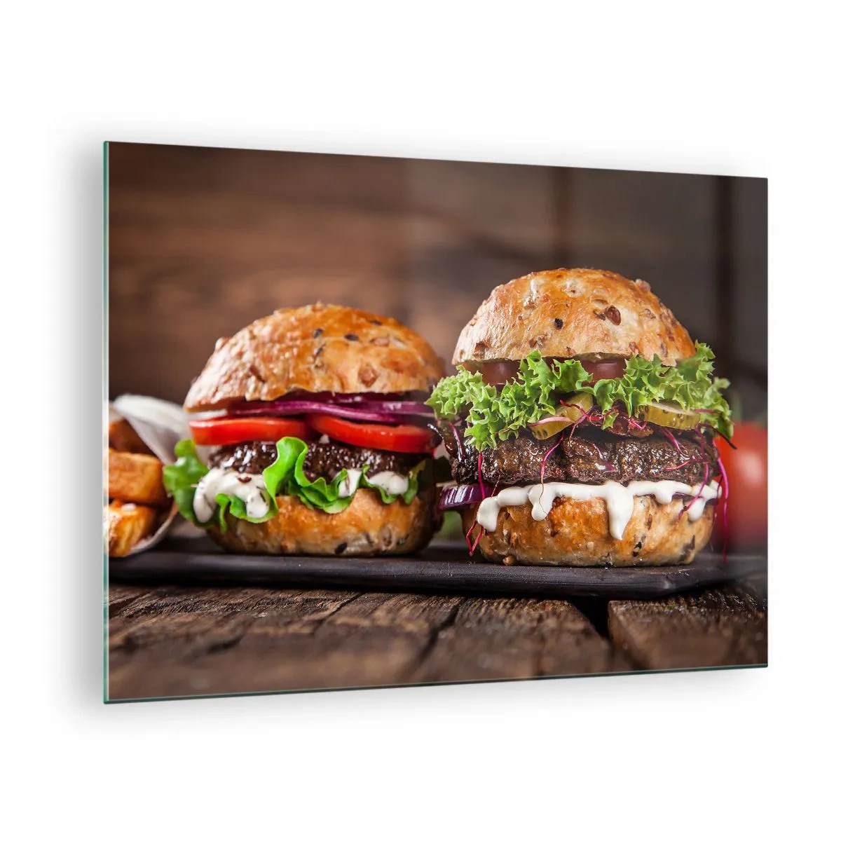 Tablou pe sticlă - Burgeri apetisanți cu legume și sos - 70x50cm - American dream - Decorațiune modernă pentru perete pentru living și dormitor ARTTOR