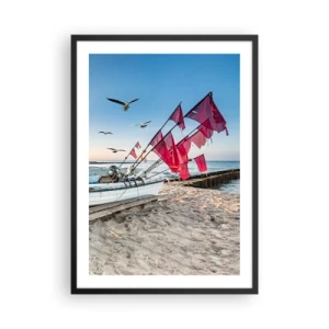 Poster în ramă neagră - Barcă de pescuit cu steaguri roșii pe plajă - 50x70cm - O odihnă binemeritată - Decorațiune modernă pentru perete pentru living și dormitor ARTTOR