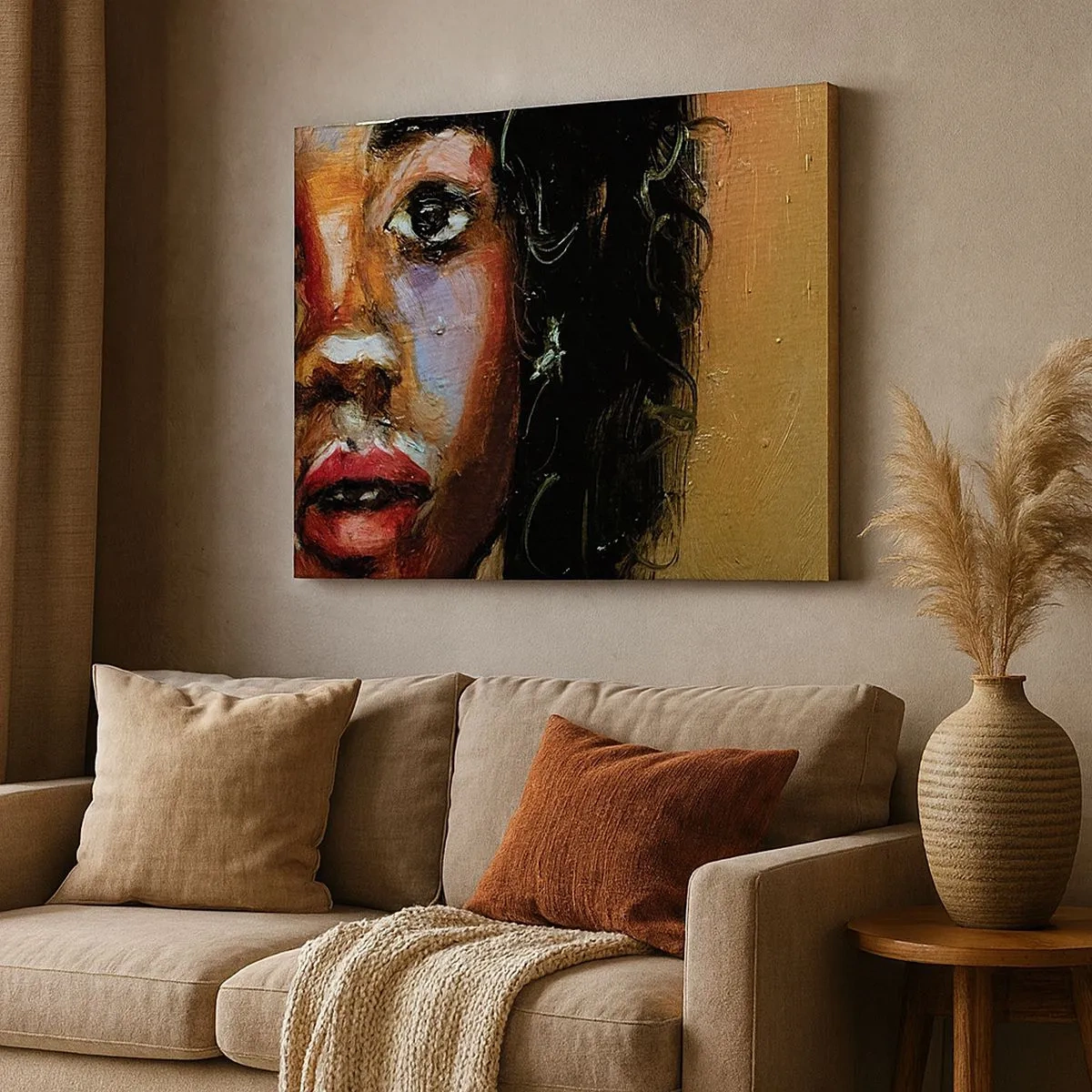 Tablou pe pânză Canvas - Un portret expresiv al unei femei în culori intense. - 70x50cm - Negru și strălucire - Decorațiune modernă pentru perete pentru living și dormitor ARTTOR