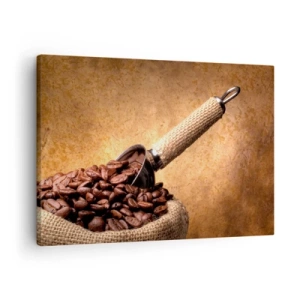 Tablou pe pânză Canvas - Boabe de cafea într-o pungă de iută cu o lingură de metal - 70x50cm - La sursa gustului - Decorațiune modernă pentru perete pentru living și dormitor ARTTOR