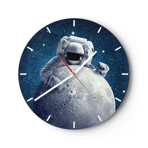 Ceas de perete - Ceas pe sticlă - Astronautul ține luna pe fundalul spațiului - 30x30cm - Glumeț spațial - Decorațiune modernă pentru perete pentru living, bucătărie și dormitor ARTTOR
