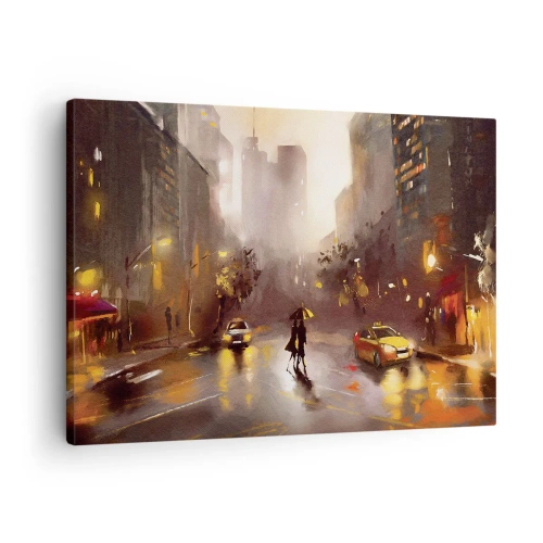 Tablou pe pânză Canvas - O scenă urbană noaptea, în lumina felinarelor și a reflexiilor pe o stradă udă. - 70x50cm - În luminile New York-ului - Decorațiune modernă pentru perete pentru living și dormitor ARTTOR