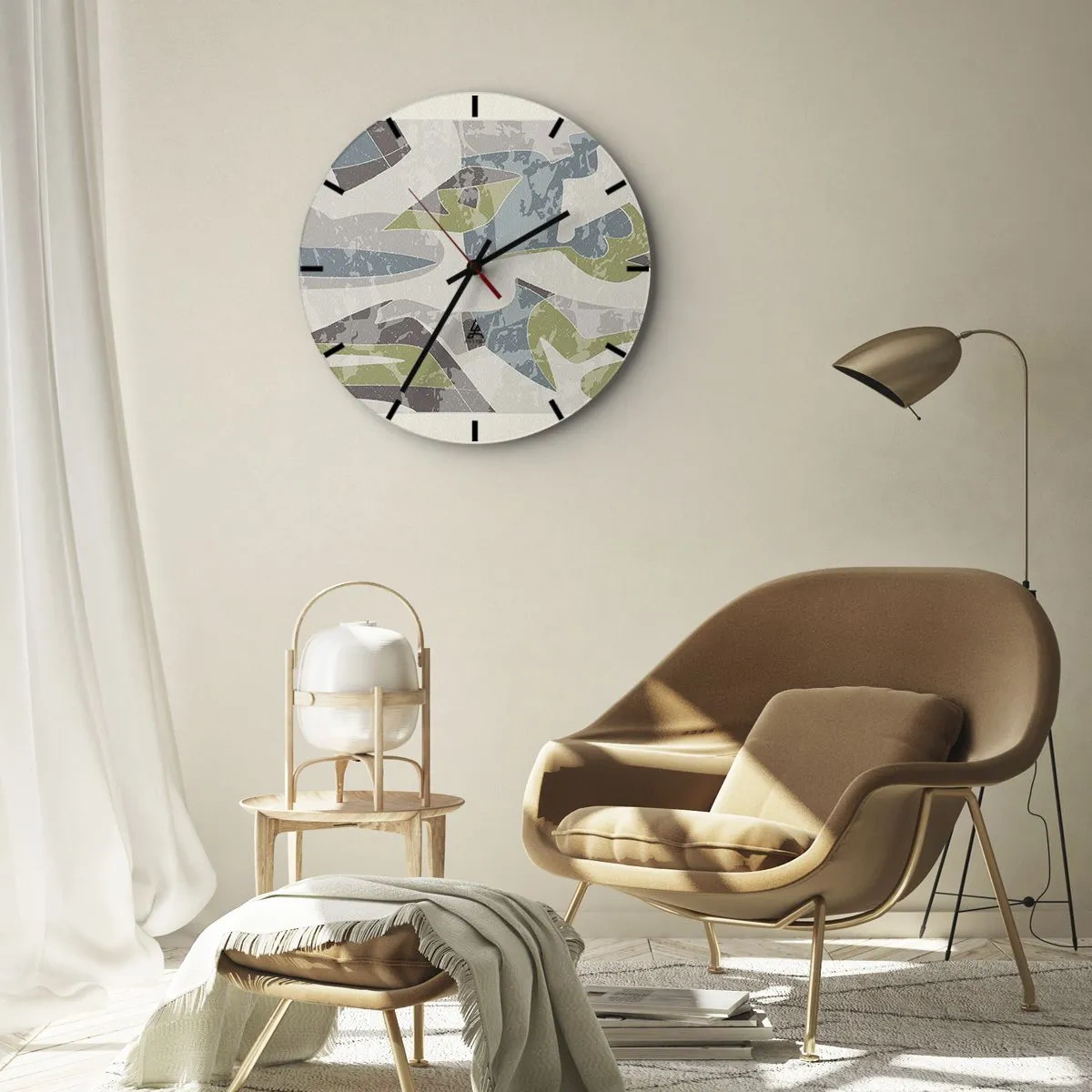 Ceas de perete - Ceas pe sticlă - Abstracțiuni geometrice în verde și albastru pe un fundal deschis - 30x30cm - Compoziție din spatele geamului - Decorațiune modernă pentru perete pentru living, bucătărie și dormitor ARTTOR