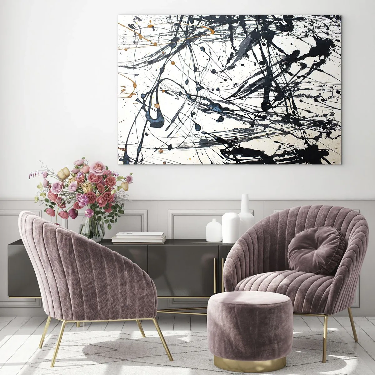 Tablou pe sticlă - Stropi dinamici de vopsea pe un fundal alb - 70x50cm - Abstracție expresionistă - Decorațiune modernă pentru perete pentru living și dormitor ARTTOR