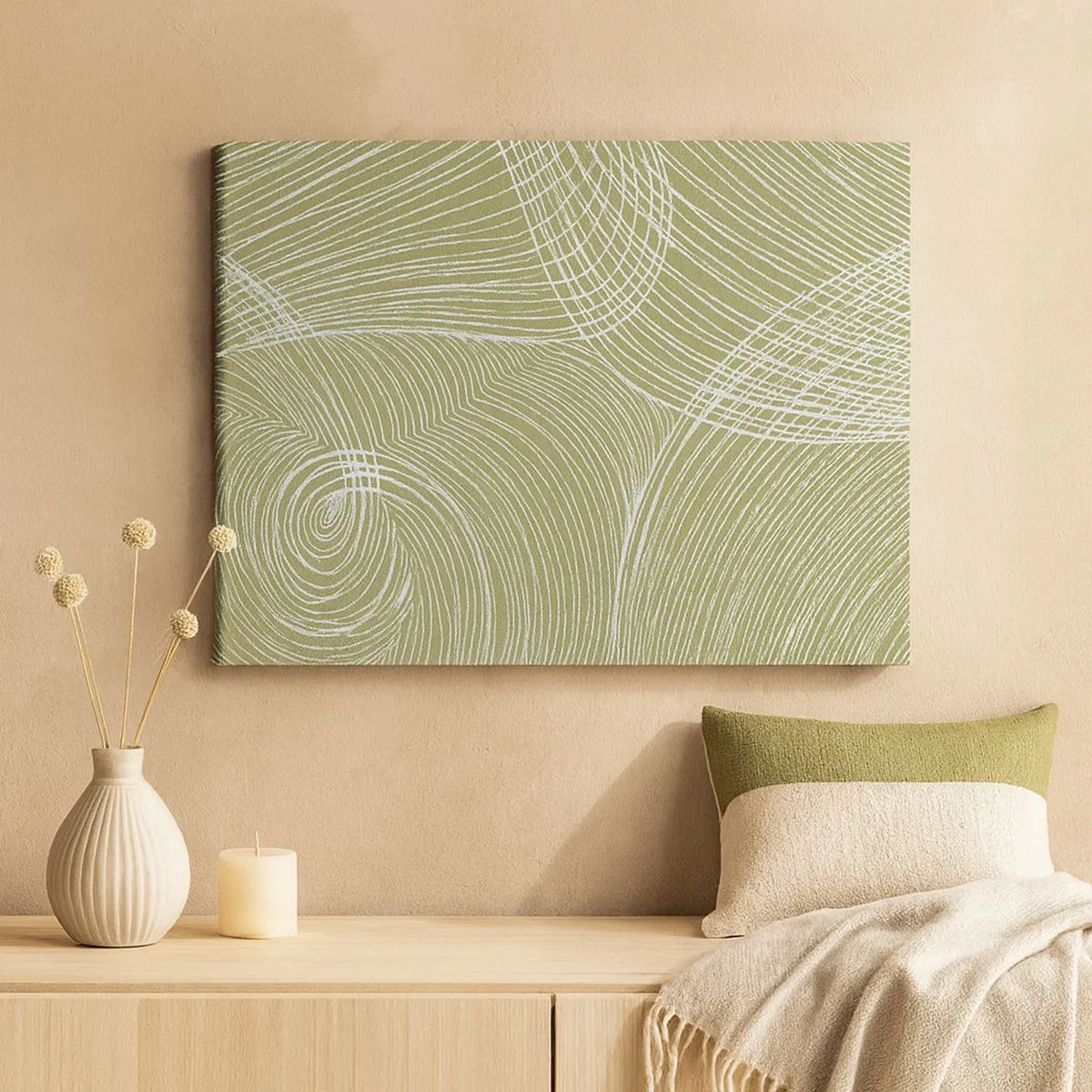 Tablou pe pânză Canvas - Linii verzi și albe într-o compoziție abstractă - 70x50cm - Abstracție complicată în alb - Decorațiune modernă pentru perete pentru living și dormitor ARTTOR