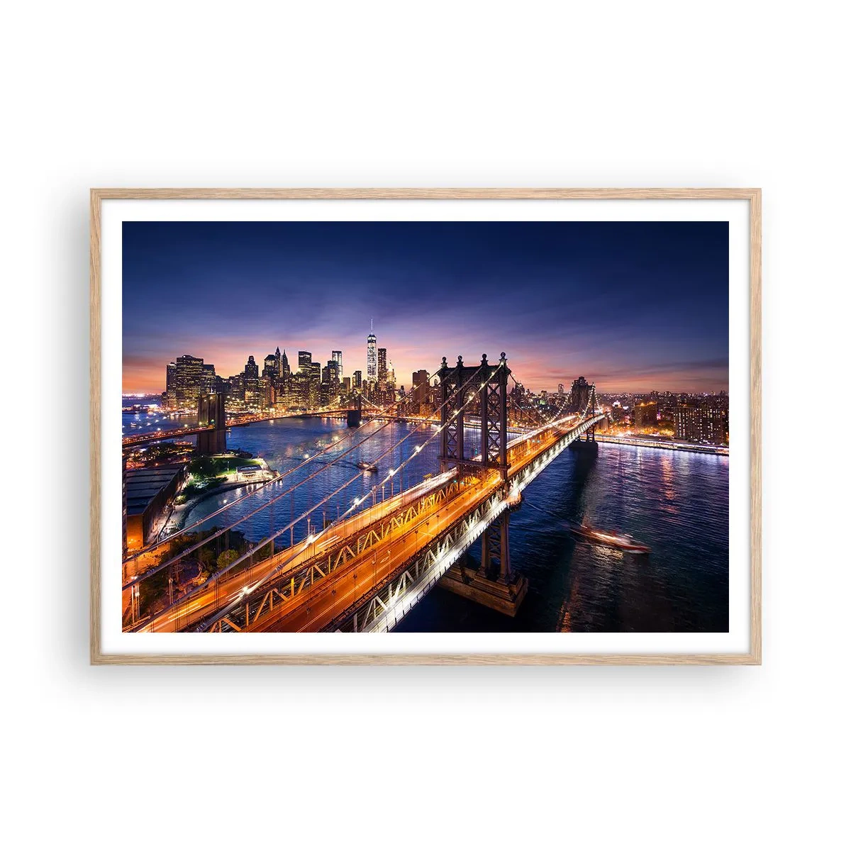 Poster în ramă de stejar deschis - Pe un pod luminos către inima orașului - 100x70 cm