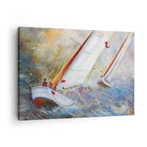 Tablou pe pânză Canvas - Bărci cu pânze pe valuri agitate într-o compoziție dinamică - 70x50cm - Alergătoare pe valuri - Decorațiune modernă pentru perete pentru living și dormitor ARTTOR