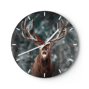 Ceas de perete - Ceas pe sticlă - Un cerb mândru într-o pădure înzăpezită cu copaci neclare în fundal - 30x30cm - Regele pădurii a fost încoronat - Decorațiune modernă pentru perete pentru living, bucătărie și dormitor ARTTOR
