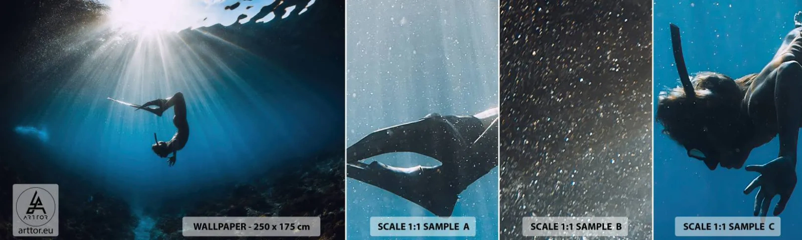 Mostră de Tapet Standard Eco - Dans subacvatic - Peștera subacvatică, Raze de soare, Scufundări - 100x30 cm