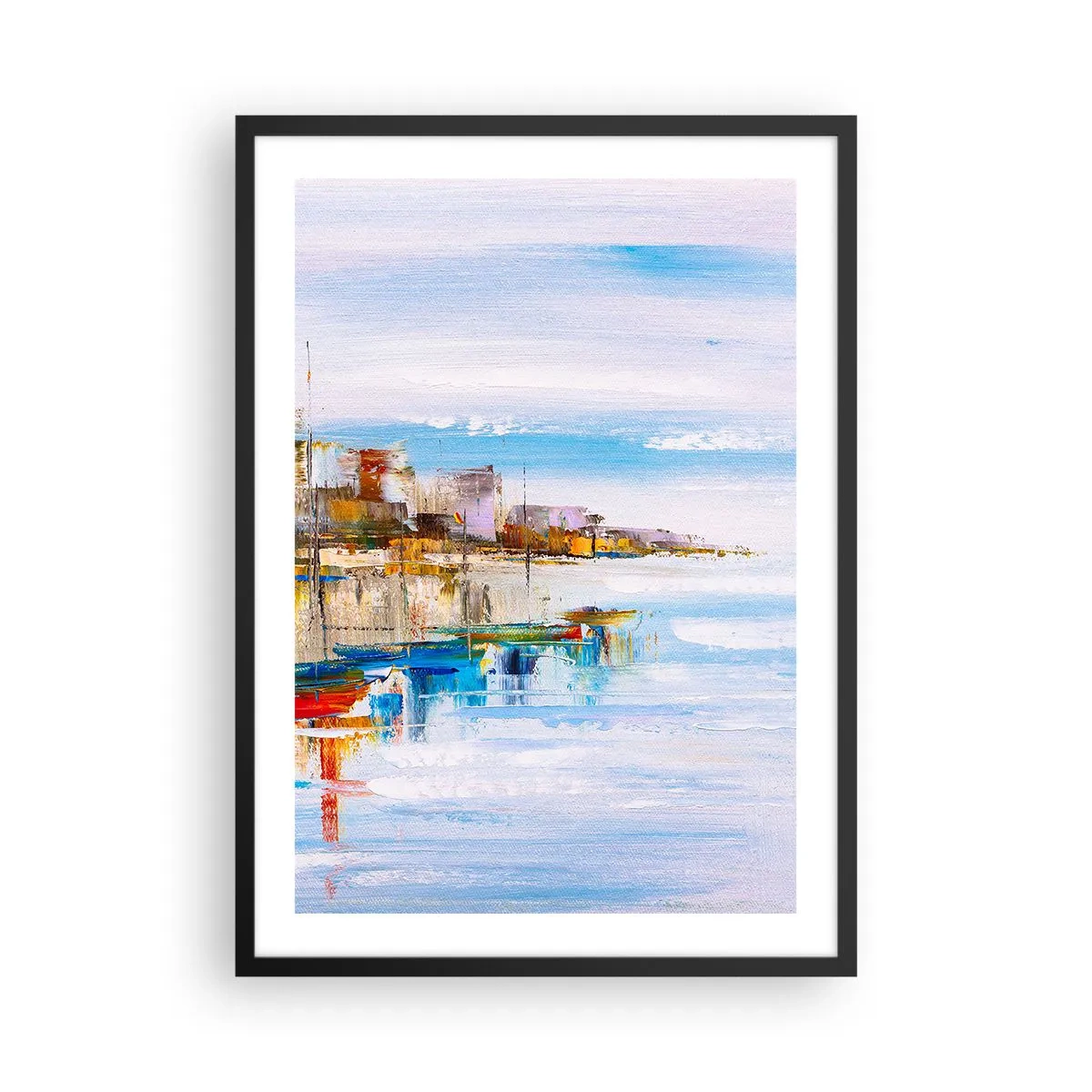Poster în ramă neagră - Peisajul colorat al orașului de la malul mării - 50x70cm - Port urban multicolor - Decorațiune modernă pentru perete pentru living și dormitor ARTTOR