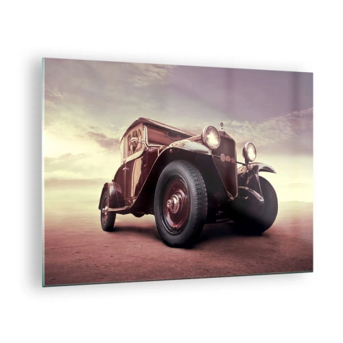 Tablou pe sticlă - Mașină clasică emblematică în tonuri sepia, în aer liber - 70x50cm - Să ne întoarcem la vremurile de odinioară... - Decorațiune modernă pentru perete pentru living și dormitor ARTTOR