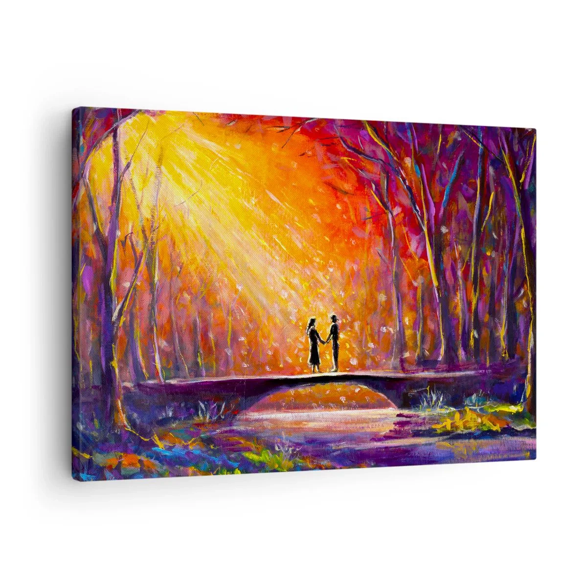 Tablou pe pânză Canvas - Cuplu romantic pe un pod în pădurea de toamnă - 70x50cm - Și cerul îi iubește - Decorațiune modernă pentru perete pentru living și dormitor ARTTOR